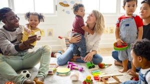 Diverse children and parents playing