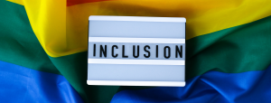 inclusive phrase inside a lightbox in front of a rainbow flag